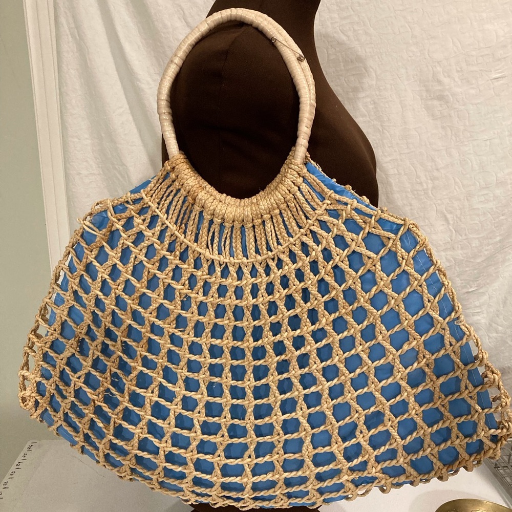 Boho Woven Purse Shopping Tote Lined With Blue Plastic Beach Tote Macrame Look